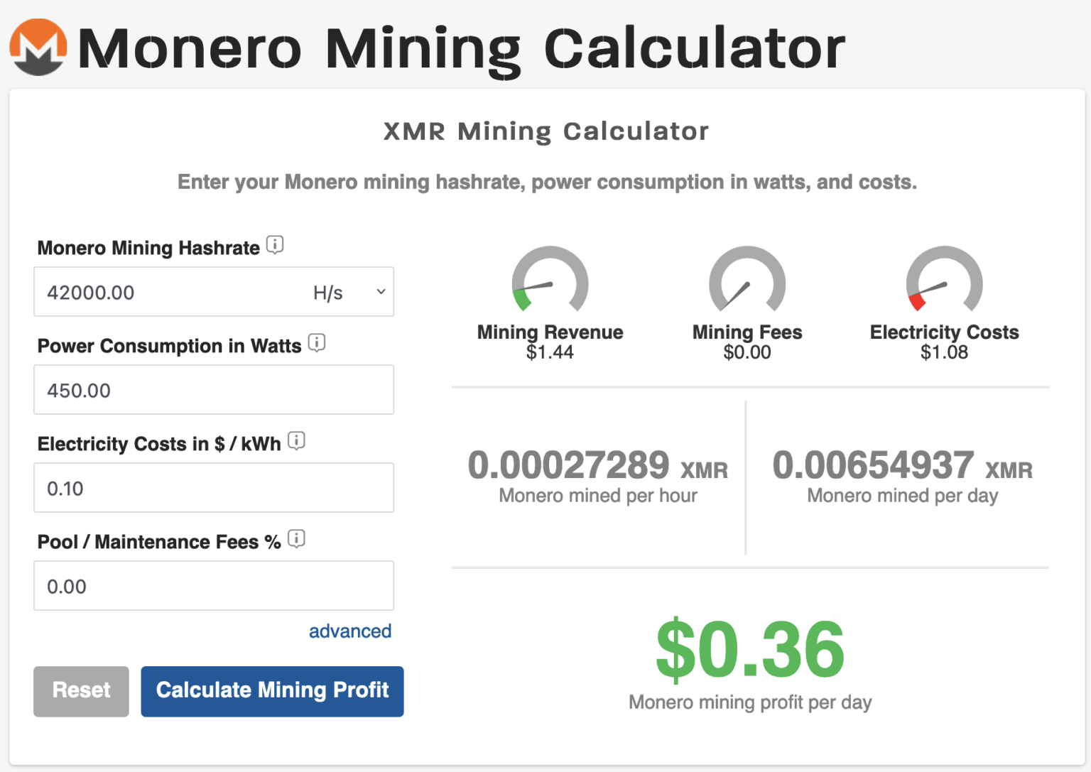 monero crypto mining calculator
